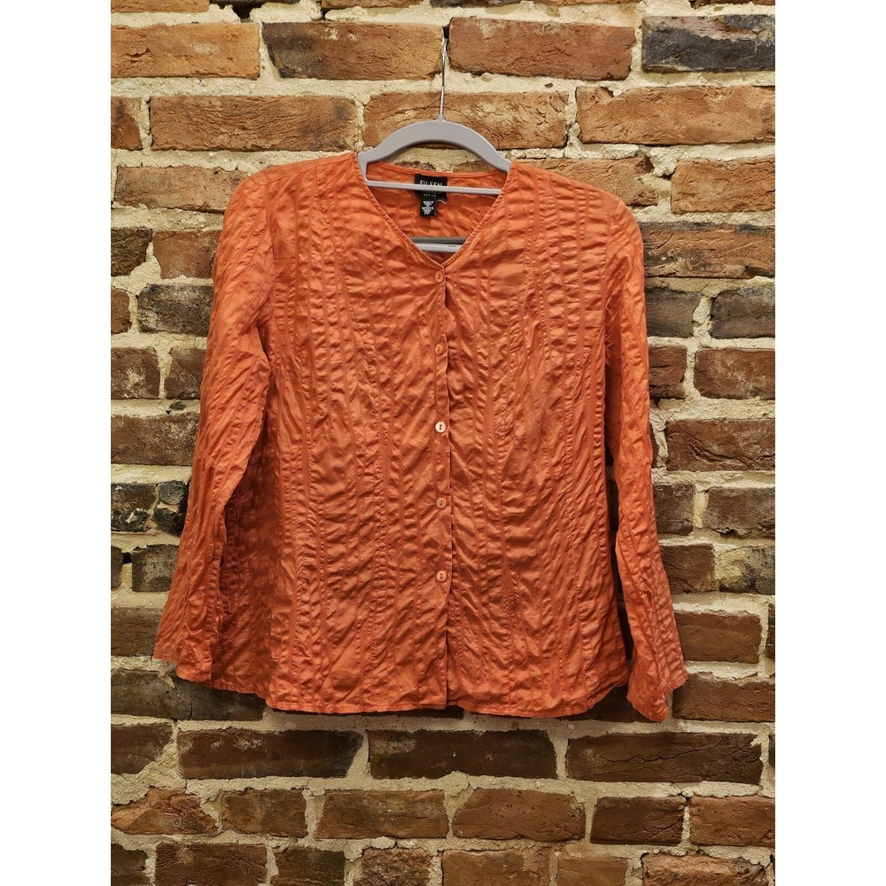 Eileen Fisher Cotton Blouse Top Button-Down Long Sleeve Texture Tunic Orange Red
